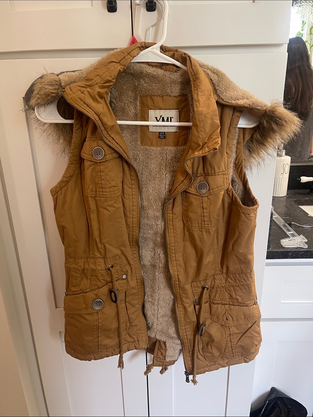 YMI Women's Tan Faux-Fur Lined Hooded Vest